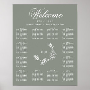 Affiche Sage Green Monogramme Mariage de couronne 12 table