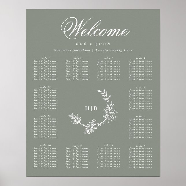 Affiche Sage Green Monogramme Mariage de couronne 12 table (Devant)
