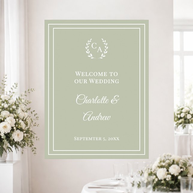 Affiche Sage green monogrammed elegant wedding welcome (Créateur téléchargé)