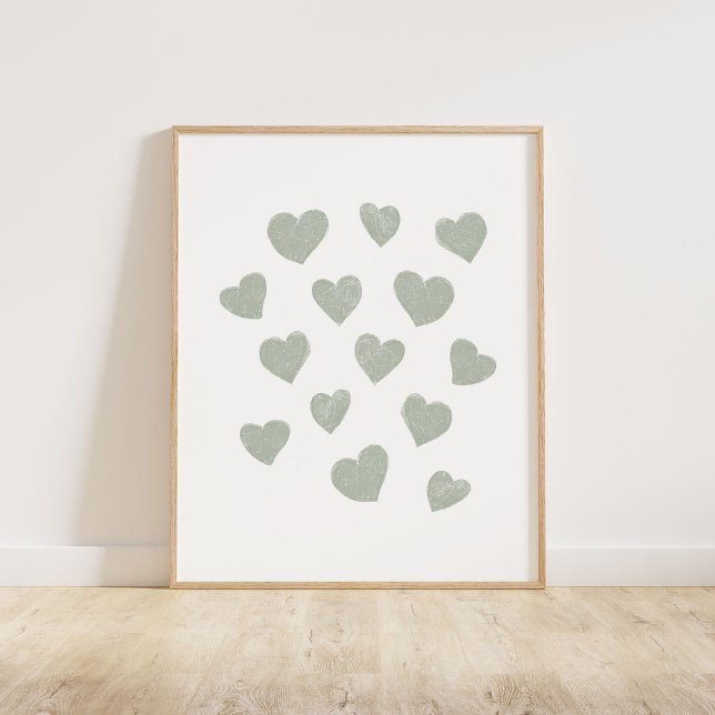 Affiche Sage Green Petits Coeurs (Chalky brush style small tossed hearts in sage green)