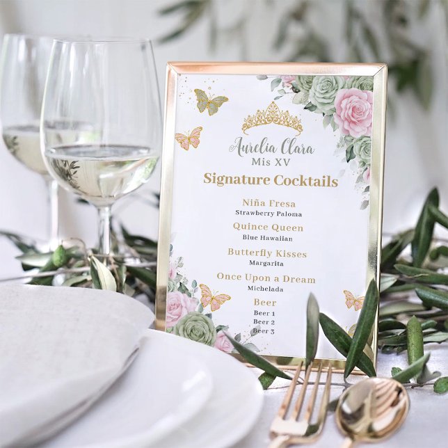 Affiche Sage Green Rose Floral Quinceanera Bar Boisson Men (Créateur téléchargé)