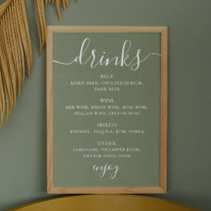 Affiche Sage green script mariage alcool menu bar boissons