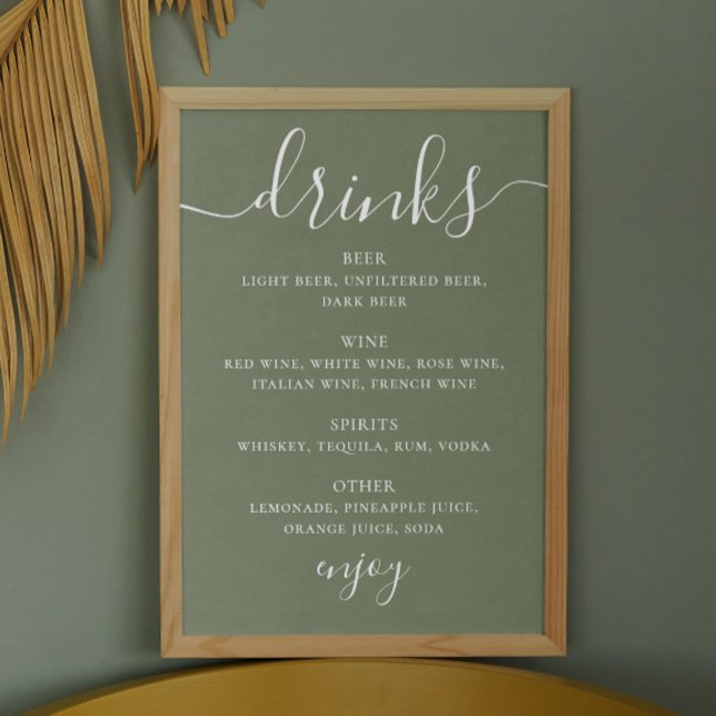 Affiche Sage green script mariage alcool menu bar boissons (Créateur téléchargé)