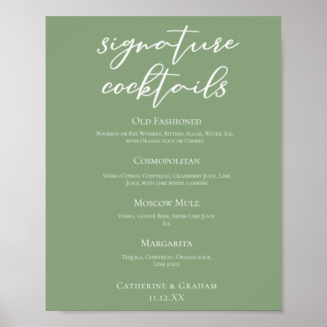 Affiche Sage Green Spring Wedding Signature Cocktails Menu (Devant)