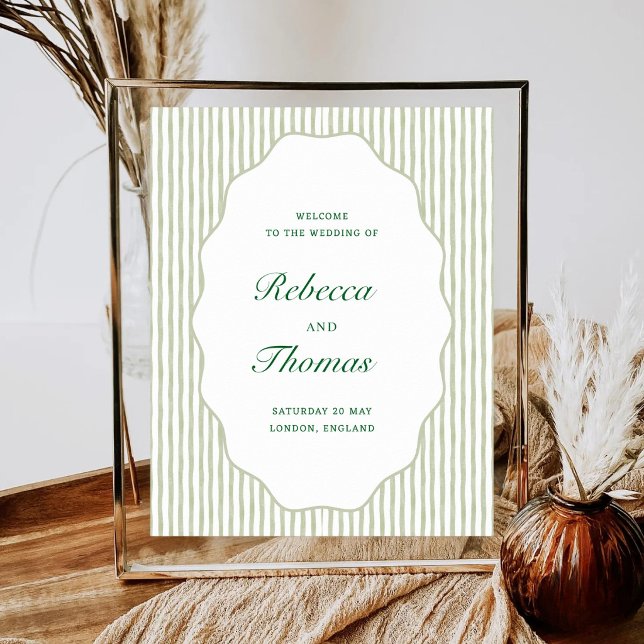 Affiche Sage Green Stripe Wedding Welcome (Créateur téléchargé)