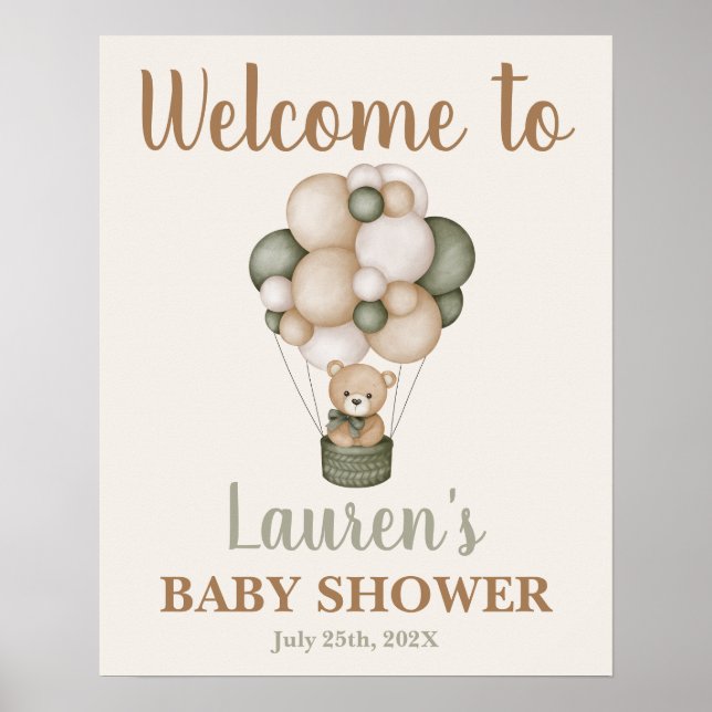 Affiche Sage Green Teddy Bear Baby shower de bienvenue (Devant)