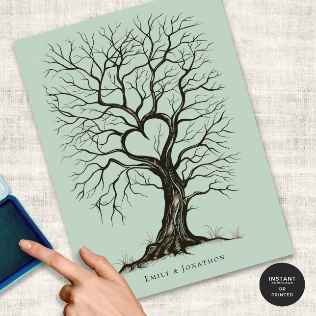 Affiche Sage Green ThumbPrint Tree Mariage Livre d'invités (Créateur téléchargé)