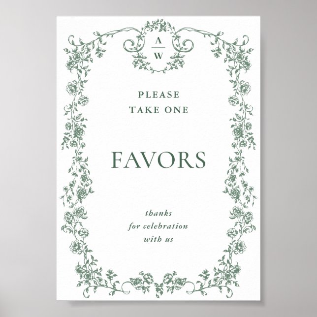 Affiche Sage Green Victorian Ornate Floral Faveurs Mariage (Devant)