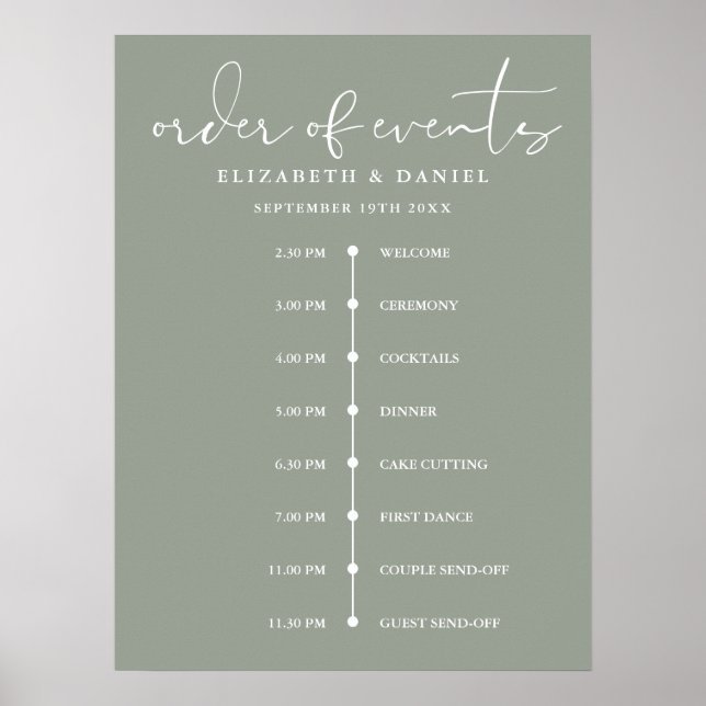 Affiche Sage Green Wedding Order Of Events Timeline Sign (Devant)
