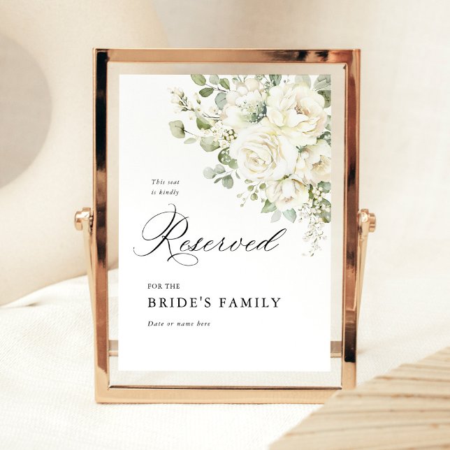Affiche Sage Green White Floral Reserved Seating Sign 5x7 (Sage green white floral wedding reserved sign, watercolor seating sign, elegant wedding stationery)