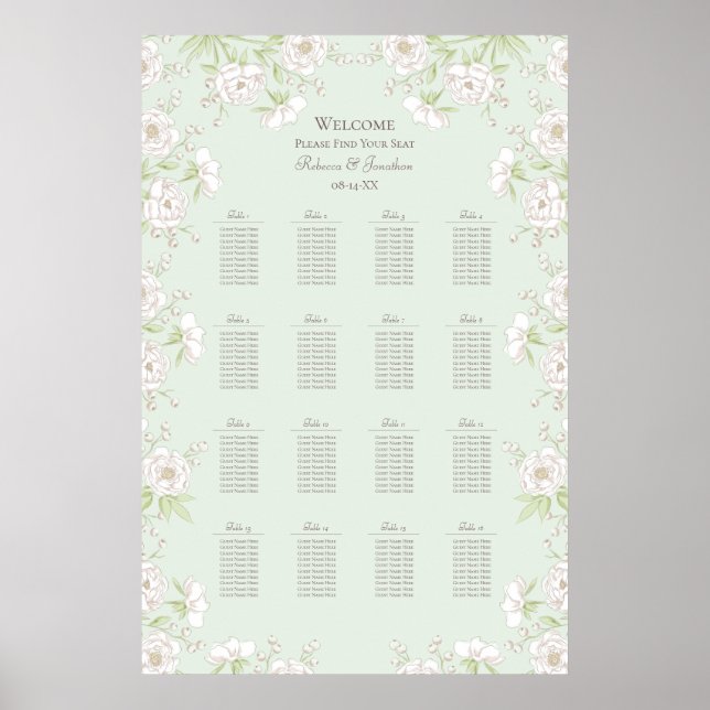 Affiche Sage Green White Rose Wedding Seating Chart (Devant)