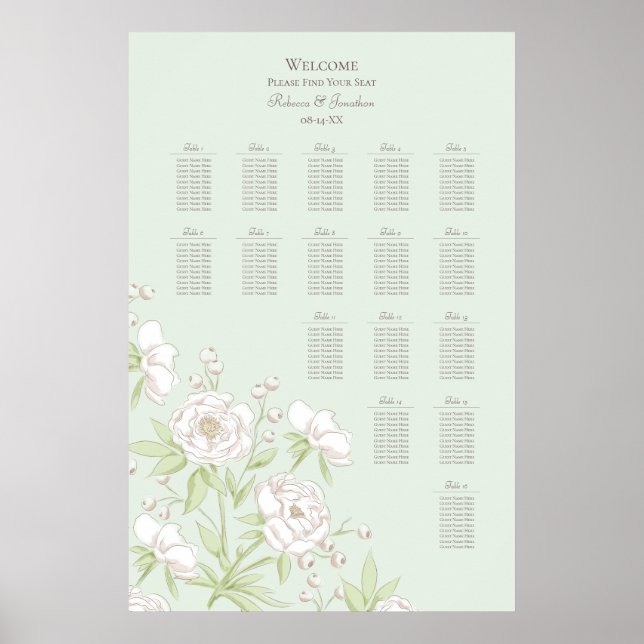 Affiche Sage Green White Rose Wedding Seating Chart (Devant)