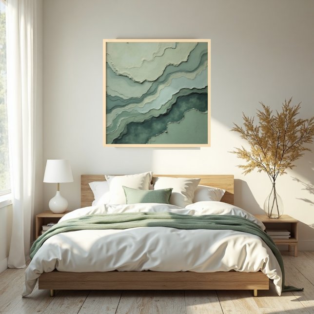 Affiche Sage Stratifié Abstrait - biologique moderne (Stratified Sage Poster: Tranquil Organic Modern Art in Natural Wood Frame.)