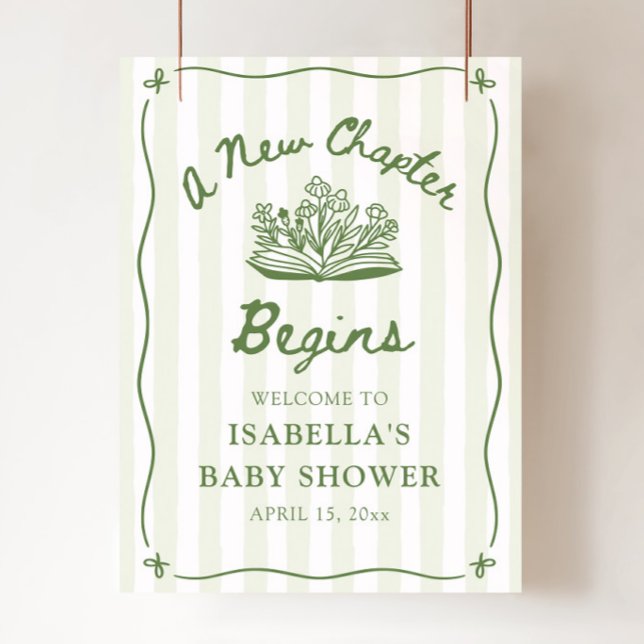 Affiche Sage Un Nouveau Chapitre Commence Signe de Bienven (Sage Green A New Chapter Begins Baby Shower Welcome Sign)