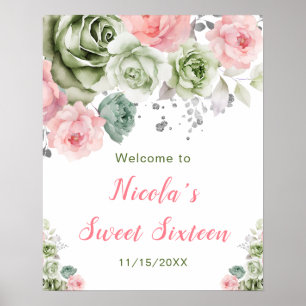 Affiche Sage Vert et Sweet sixteen rose Floral Bienvenue
