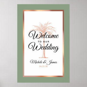 Affiche Sage Vert Moderne Rose Or Palmier Mariage Bienvenu