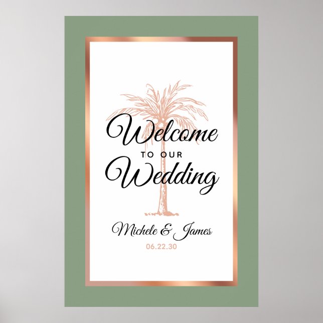 Affiche Sage Vert Moderne Rose Or Palmier Mariage Bienvenu (Devant)
