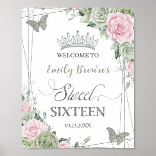 Affiche Sage Vert rose papillons floraux Silver Sweet 16