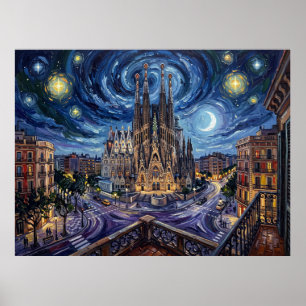 Affiche Sagrada Família sous le ciel étoilé de Barcelone