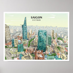 Affiche Saigon Vietnam Sketch Vintage voyage d'art