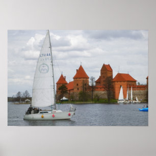 Affiche Sail boat with Island Castle by Lake Galve,