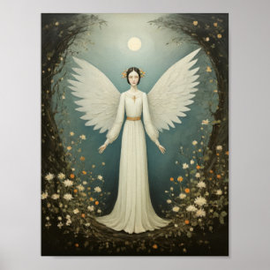 Affiche Saint ange avec ailes, entre les fleurs