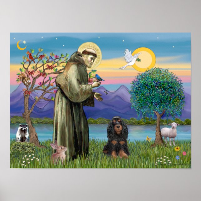 Affiche Saint François & Cocker Spaniel noir et feu (Devant)