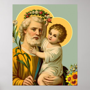 Affiche Saint Joseph et Enfant Jésus avec Fleurs de la Cou