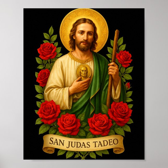 Affiche Saint Jude Thaddeus Art Catholique Avec Roses Roug (Devant)