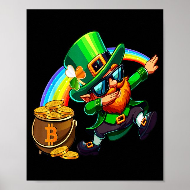 Affiche Saint-Patrick Dabbing Bitcoin Arc-en-ciel Leprecha (Devant)