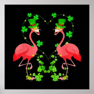 Affiche Saint Patrick's Day Flamant rose Shamrock Coeur
