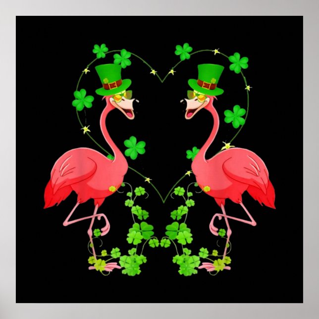 Affiche Saint Patrick's Day Flamant rose Shamrock Coeur (Devant)