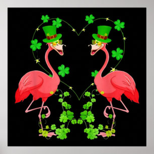 Affiche Saint Patrick's Day Flamant rose Shamrock Coeur