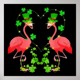 Affiche Saint Patrick's Day Flamant rose Shamrock Coeur