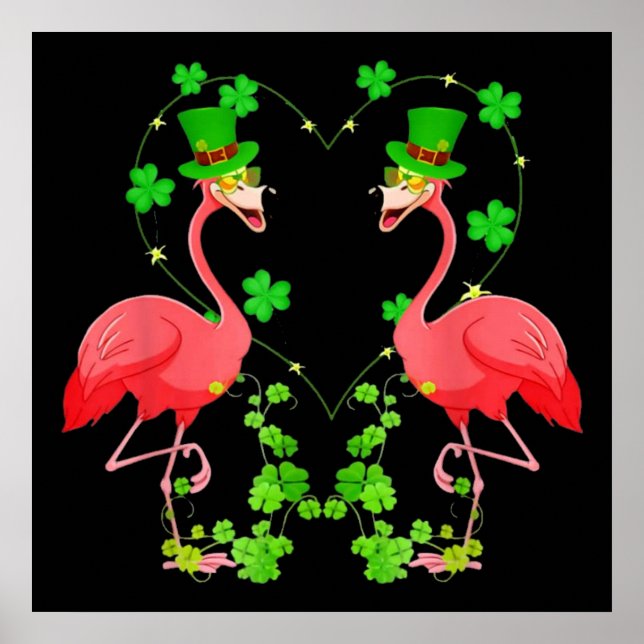 Affiche Saint Patrick's Day Flamant rose Shamrock Coeur (Devant)