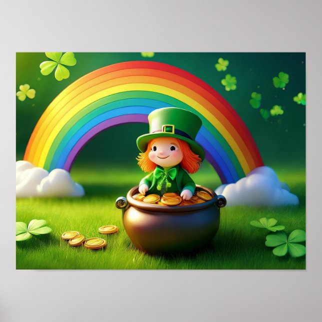 Affiche Saint Patrick's Day Leprechaun en Pot d'Or (Devant)