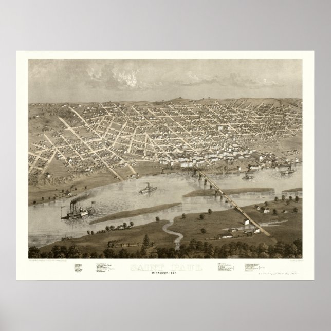Affiche Saint Paul, MN Carte panoramique - 1867 (Devant)