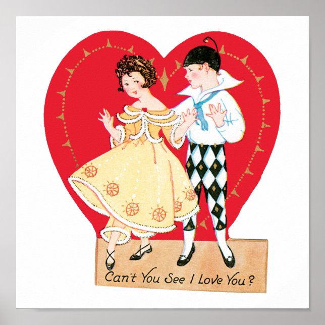 Affiche Saint Valentin, Arlequin Vintage et Coeur (Devant)