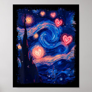 Affiche Saint-Valentin Van Gogh Nuit Étoilée Cœur Assorti