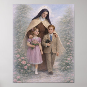 Affiche Sainte Thérèse guidant les enfants Roses Catholiqu