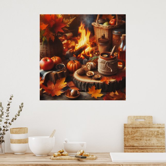 Affiche Saison d'automne Citrouilles et Camp Fire AI Poste (Cuisine)