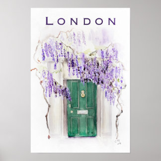 Affiche Saison de glycine à Londres porte verte aquarelle