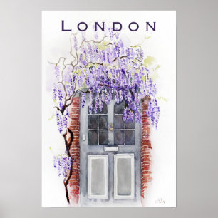 Affiche Saison glycine à Londres porte grise aquarelle