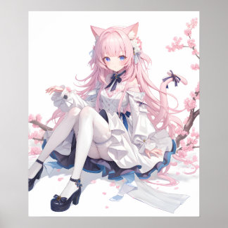 Affiche Sakura Anime Fille de chat rose