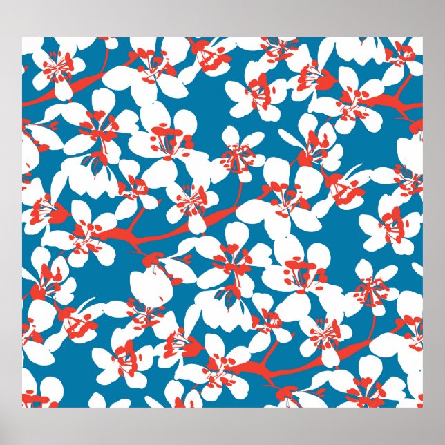 Affiche Sakura blanc, motif arrière - plan bleu classique. (Devant)