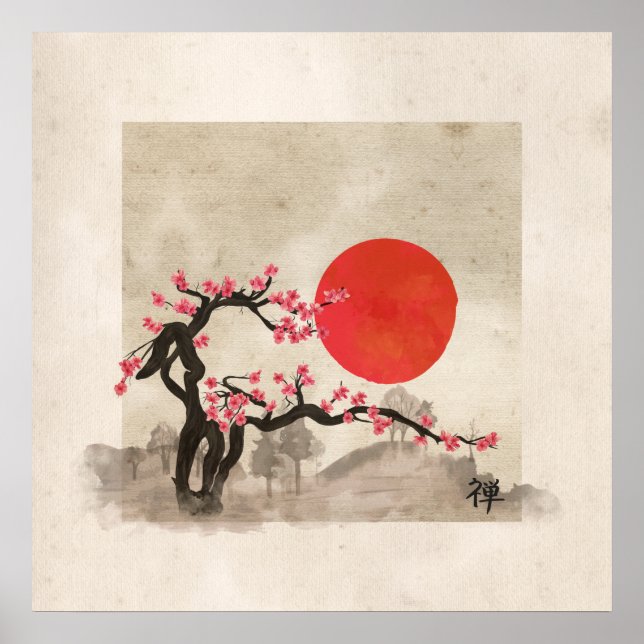 Affiche Sakura Blossom Paysage Hiéroglyphe Zen (Devant)