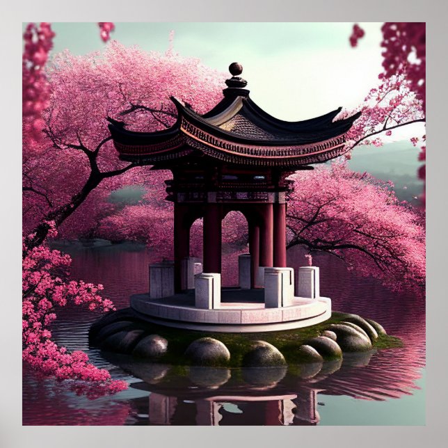 Affiche Sakura Cherry Blossom Garden Shrine Pond Japonais (Devant)