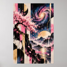 Sakura Cosmique Géométrie Lunaire Rose Or Art de l