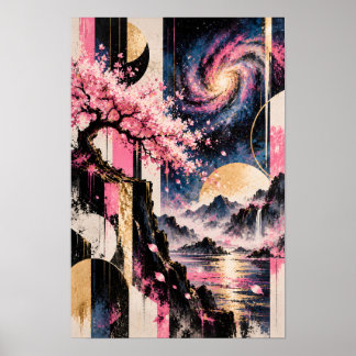 Affiche Sakura Cosmique Géométrie Lunaire Rose Or Art de l