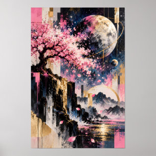 Affiche Sakura Cosmique Tourbillon Doré Galaxie Rose Or Ar